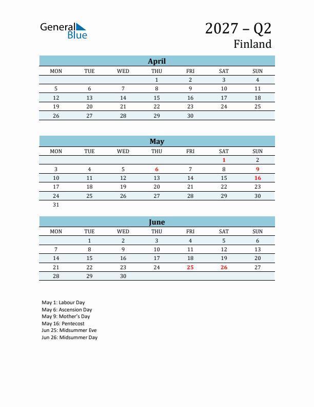 Three-Month Planner for Q2 2027 with Holidays - Finland