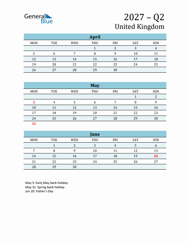 Three-Month Planner for Q2 2027 with Holidays - United Kingdom