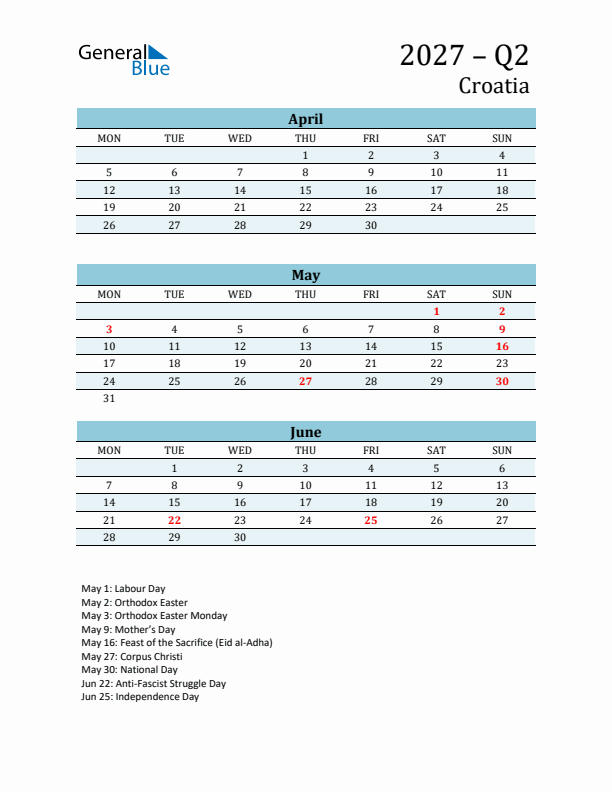 Three-Month Planner for Q2 2027 with Holidays - Croatia