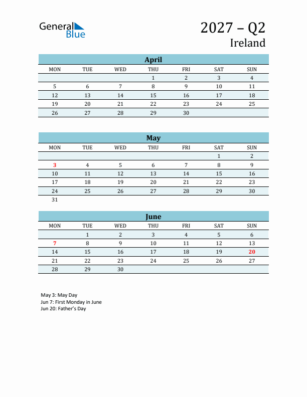 Three-Month Planner for Q2 2027 with Holidays - Ireland