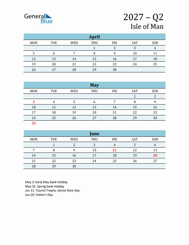 Three-Month Planner for Q2 2027 with Holidays - Isle of Man