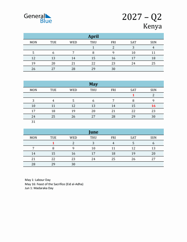 Three-Month Planner for Q2 2027 with Holidays - Kenya