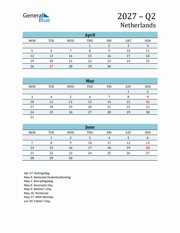 Three-Month Planner for Q2 2027 with Holidays - The Netherlands