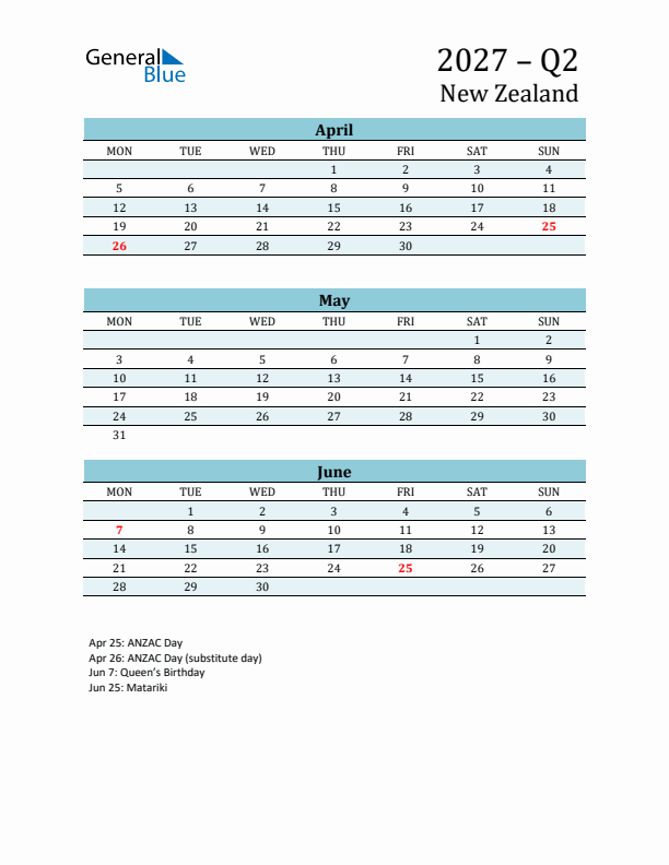 Three-Month Planner for Q2 2027 with Holidays - New Zealand