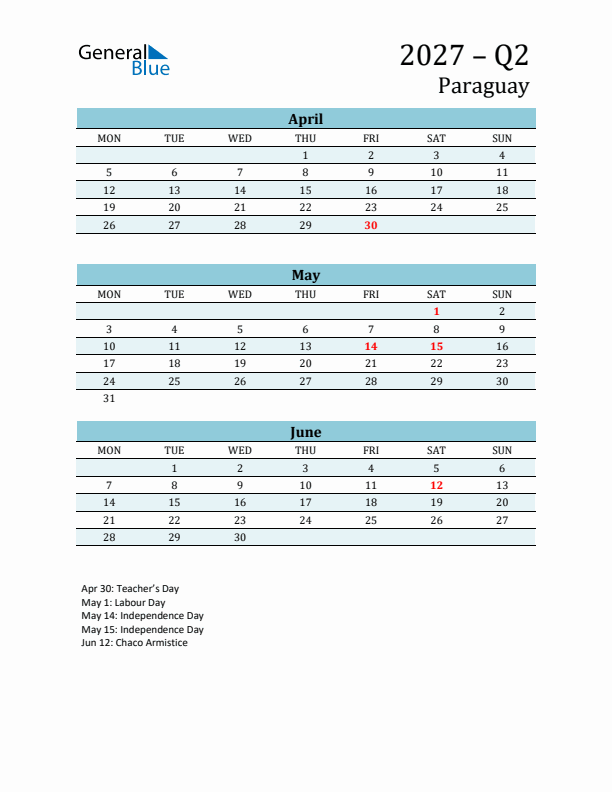 Three-Month Planner for Q2 2027 with Holidays - Paraguay