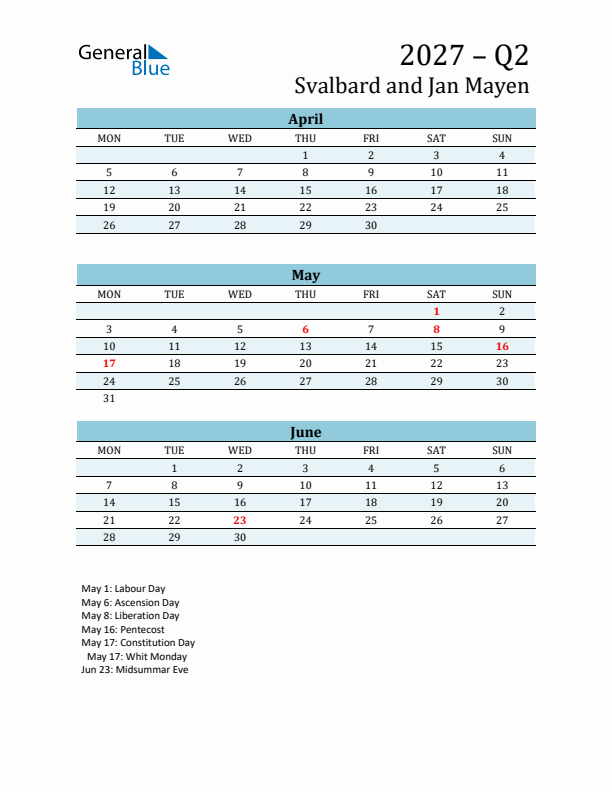 Three-Month Planner for Q2 2027 with Holidays - Svalbard and Jan Mayen