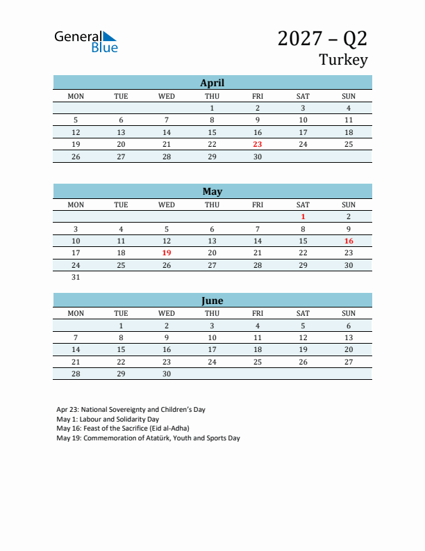 Three-Month Planner for Q2 2027 with Holidays - Turkey