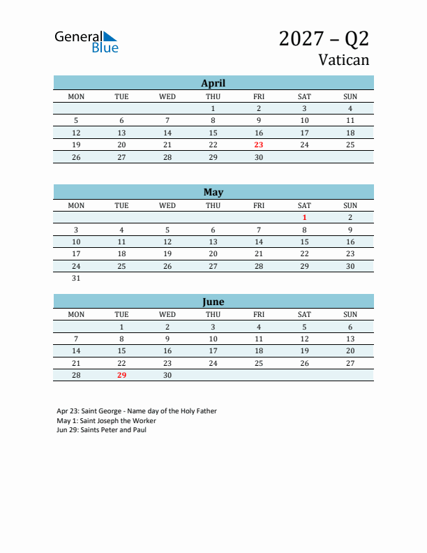 Three-Month Planner for Q2 2027 with Holidays - Vatican