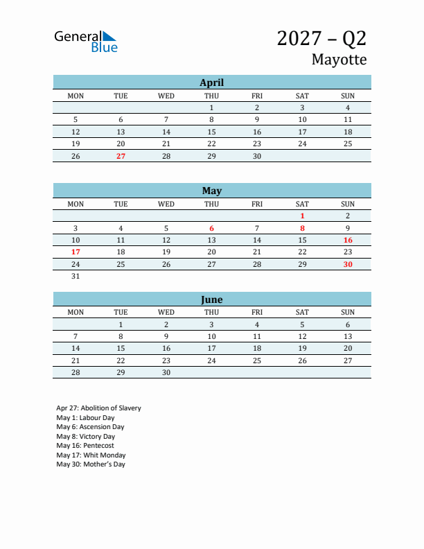 Three-Month Planner for Q2 2027 with Holidays - Mayotte