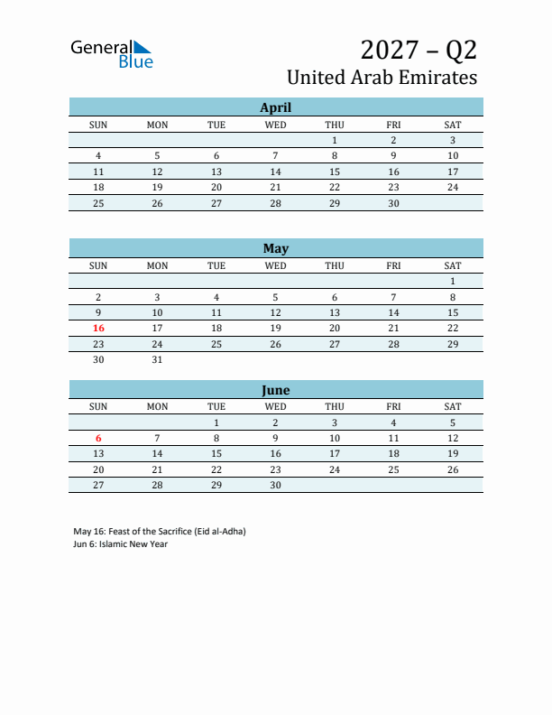 Three-Month Planner for Q2 2027 with Holidays - United Arab Emirates