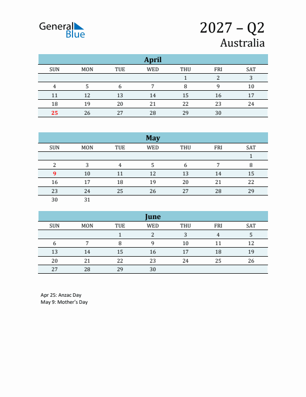 Three-Month Planner for Q2 2027 with Holidays - Australia