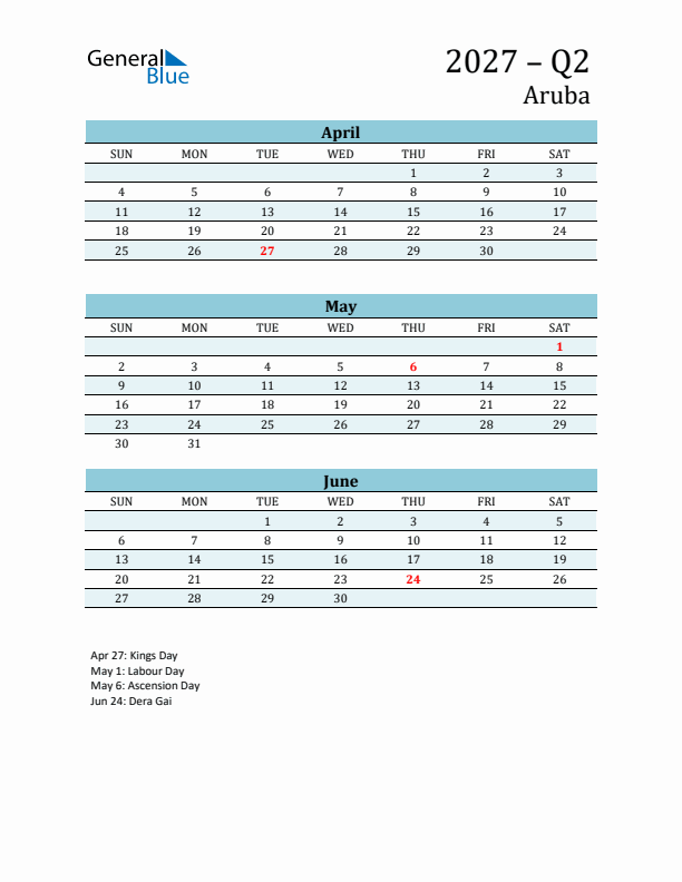 Three-Month Planner for Q2 2027 with Holidays - Aruba