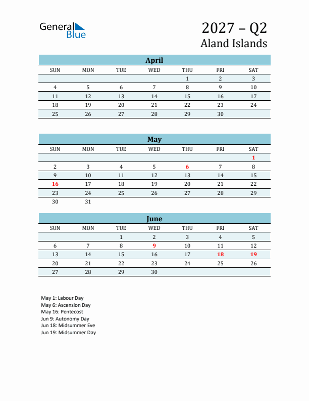 Three-Month Planner for Q2 2027 with Holidays - Aland Islands