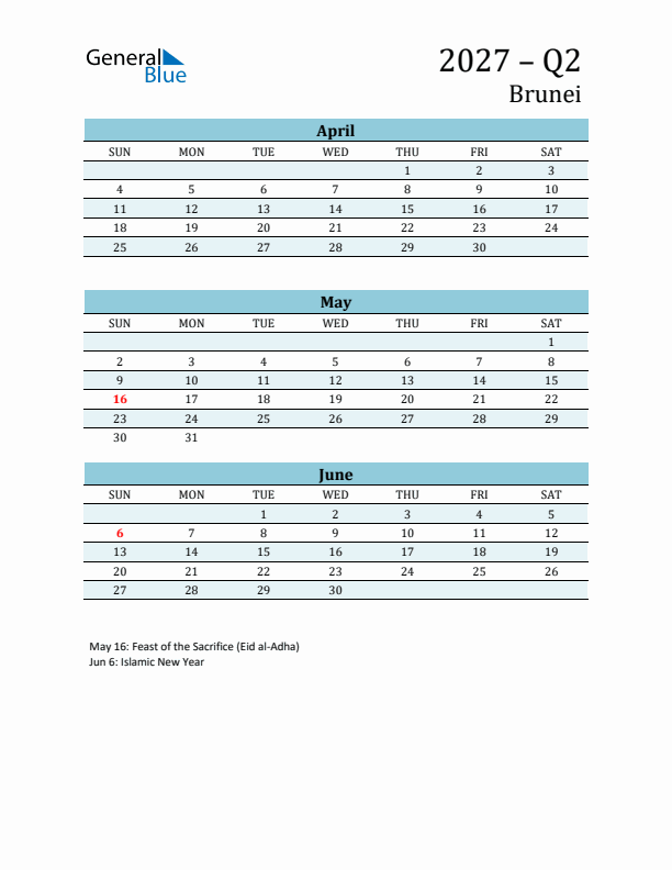 Three-Month Planner for Q2 2027 with Holidays - Brunei