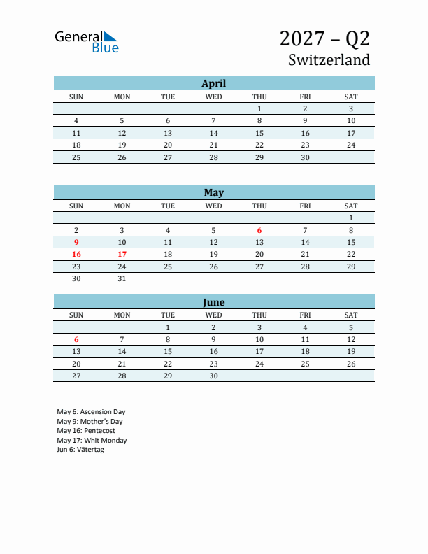 Three-Month Planner for Q2 2027 with Holidays - Switzerland