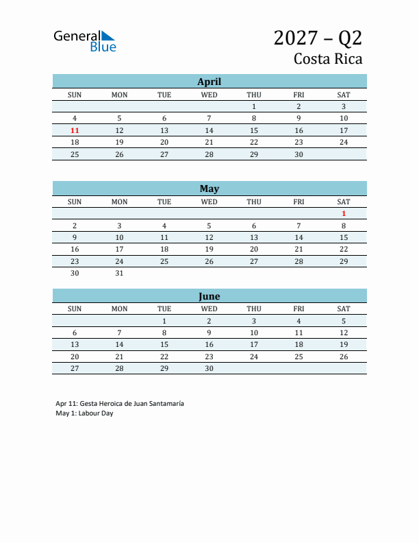 Three-Month Planner for Q2 2027 with Holidays - Costa Rica