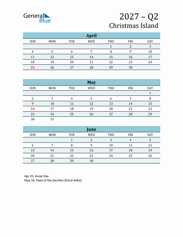 Three-Month Planner for Q2 2027 with Holidays - Christmas Island