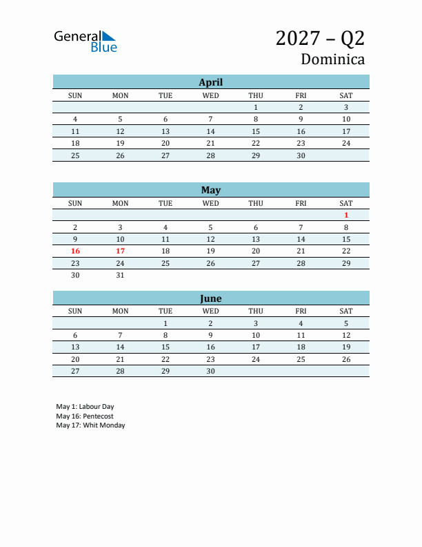 Three-Month Planner for Q2 2027 with Holidays - Dominica