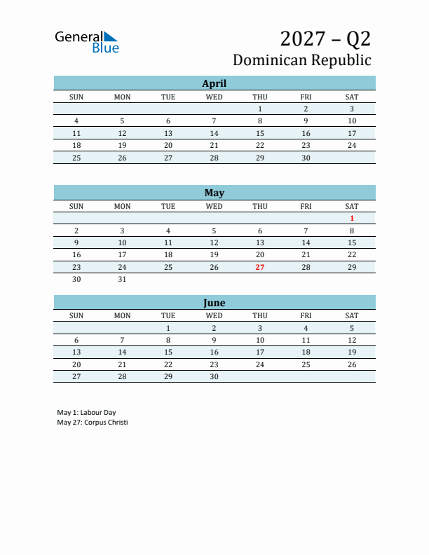 Three-Month Planner for Q2 2027 with Holidays - Dominican Republic