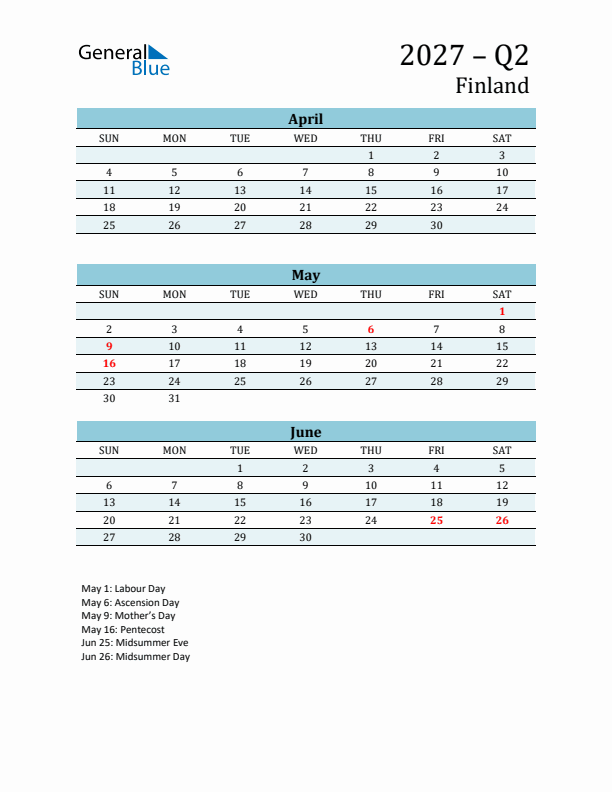 Three-Month Planner for Q2 2027 with Holidays - Finland