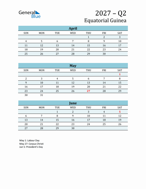 Three-Month Planner for Q2 2027 with Holidays - Equatorial Guinea