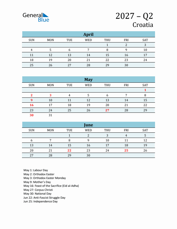 Three-Month Planner for Q2 2027 with Holidays - Croatia