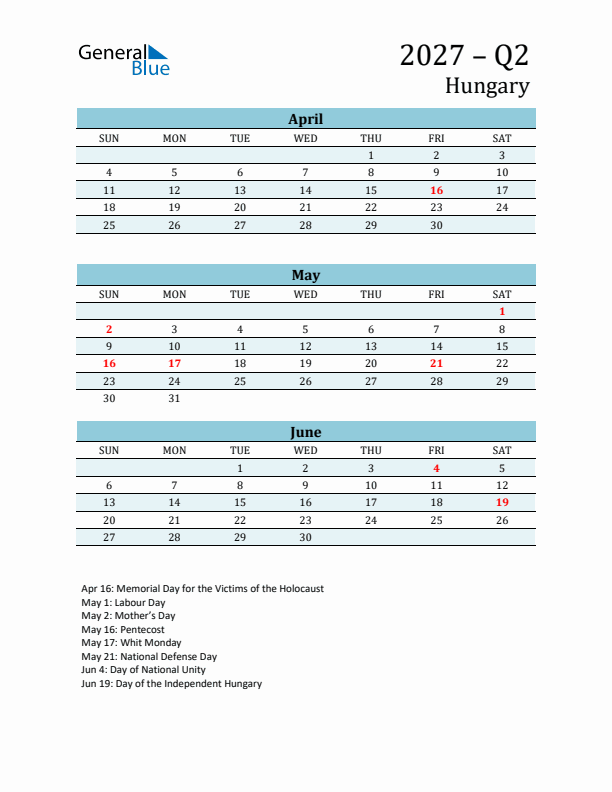 Three-Month Planner for Q2 2027 with Holidays - Hungary