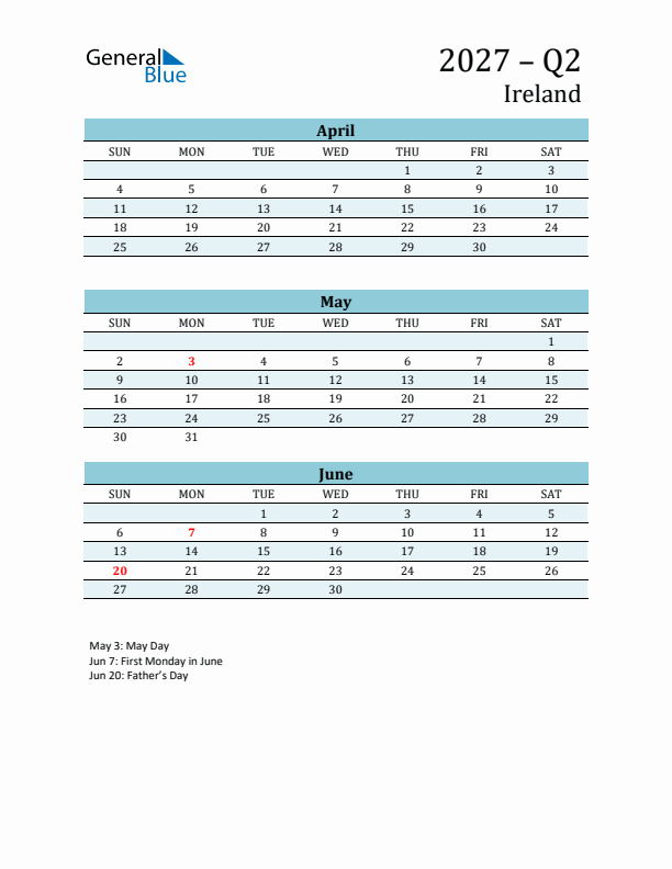 Three-Month Planner for Q2 2027 with Holidays - Ireland