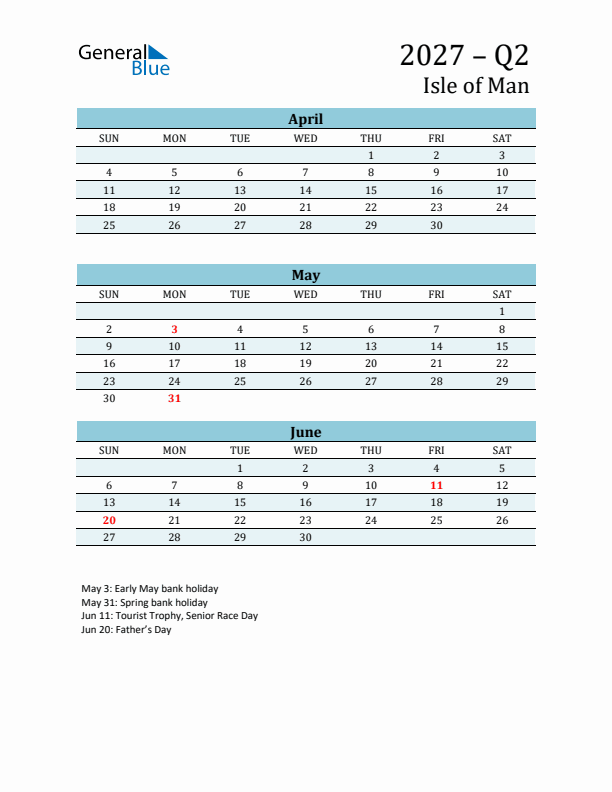 Three-Month Planner for Q2 2027 with Holidays - Isle of Man