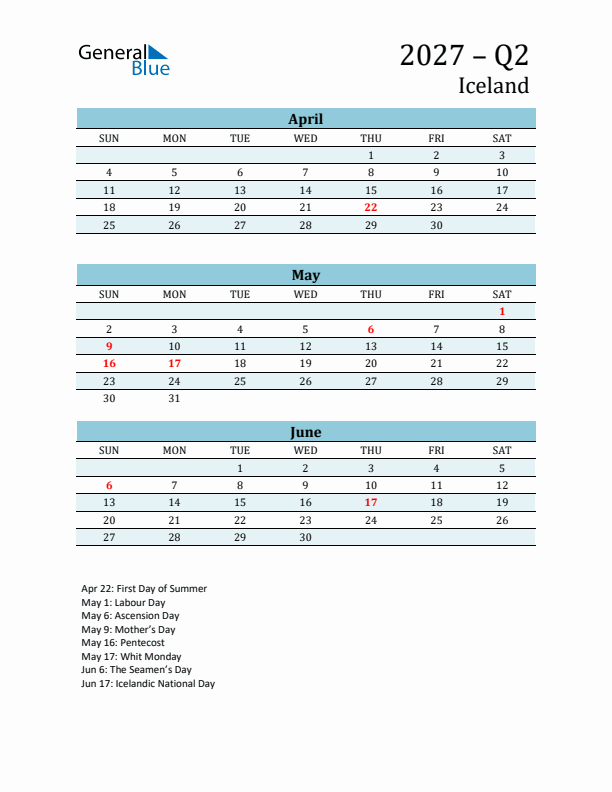 Three-Month Planner for Q2 2027 with Holidays - Iceland