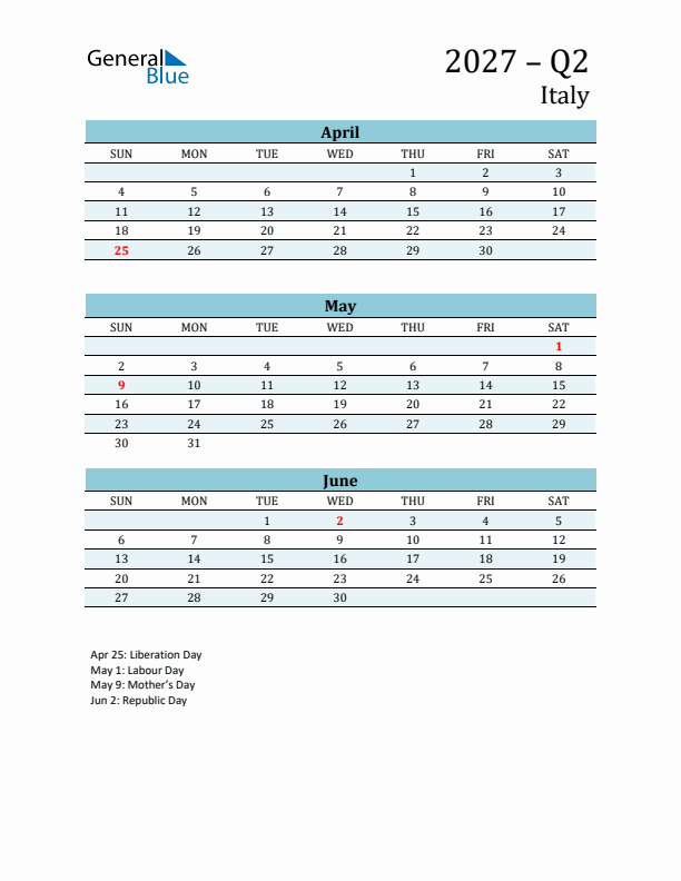 Three-Month Planner for Q2 2027 with Holidays - Italy