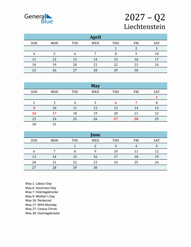 Three-Month Planner for Q2 2027 with Holidays - Liechtenstein