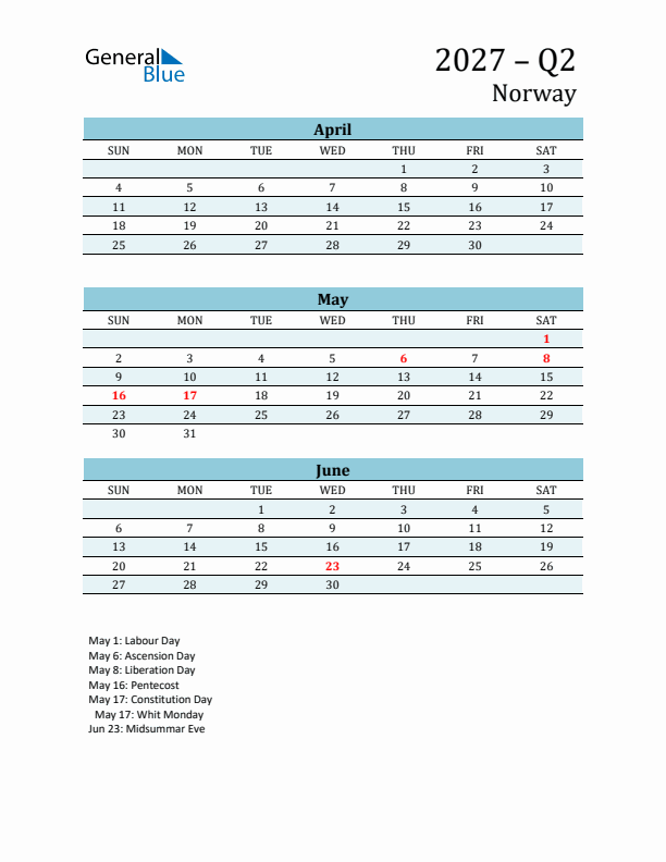 Three-Month Planner for Q2 2027 with Holidays - Norway