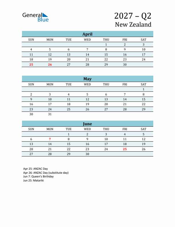 Three-Month Planner for Q2 2027 with Holidays - New Zealand