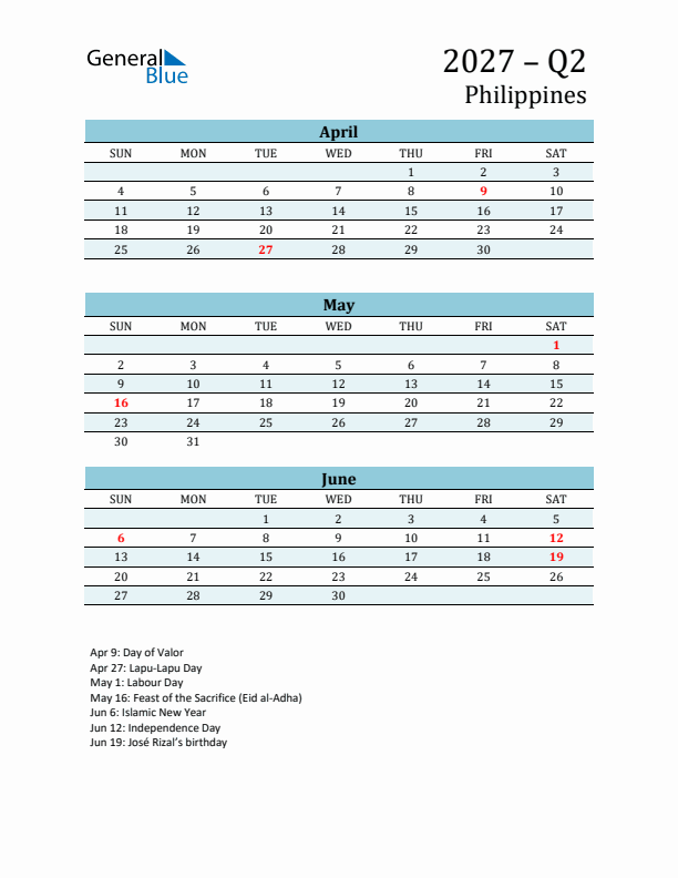 Three-Month Planner for Q2 2027 with Holidays - Philippines