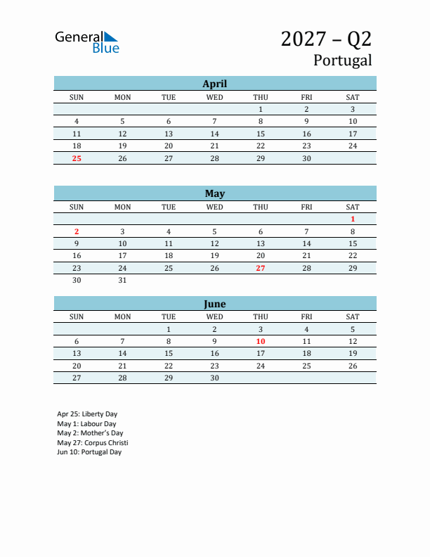 Three-Month Planner for Q2 2027 with Holidays - Portugal