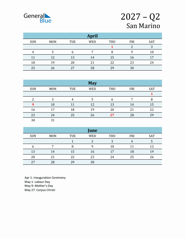 Three-Month Planner for Q2 2027 with Holidays - San Marino