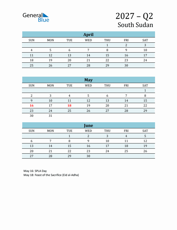 Three-Month Planner for Q2 2027 with Holidays - South Sudan