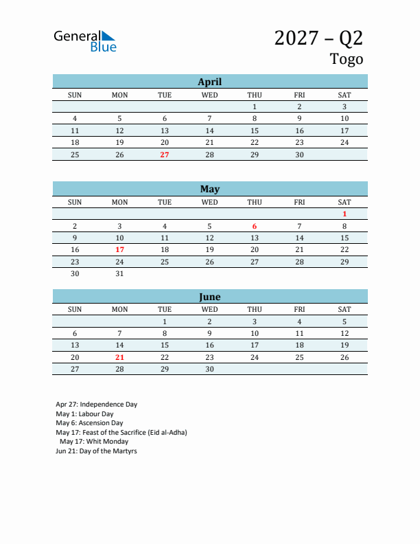 Three-Month Planner for Q2 2027 with Holidays - Togo