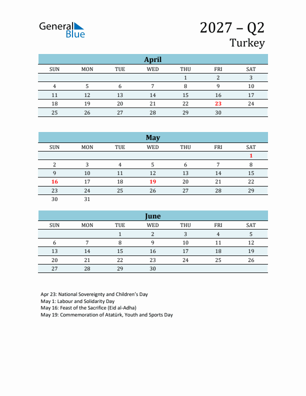 Three-Month Planner for Q2 2027 with Holidays - Turkey