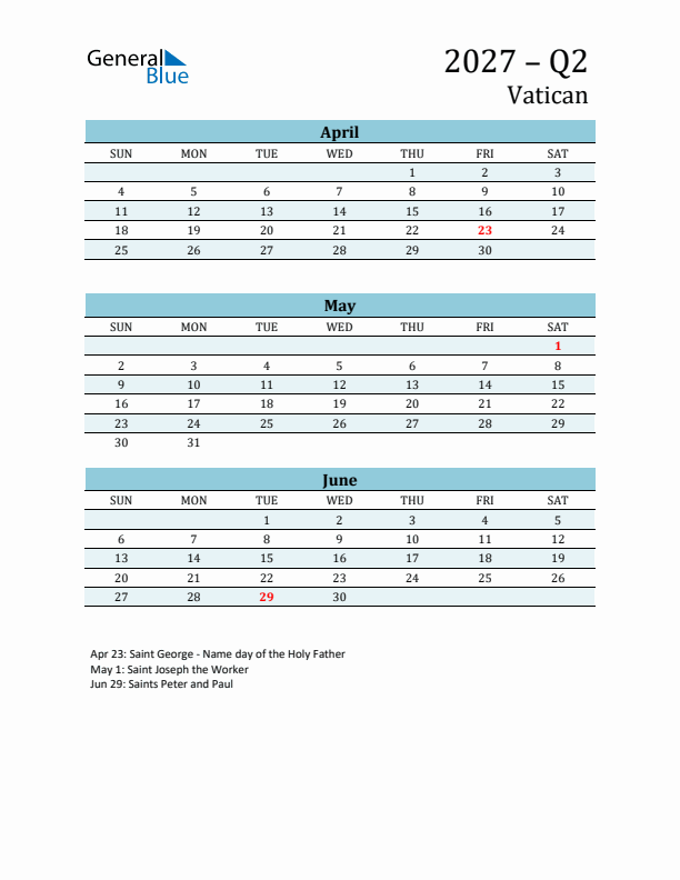 Three-Month Planner for Q2 2027 with Holidays - Vatican