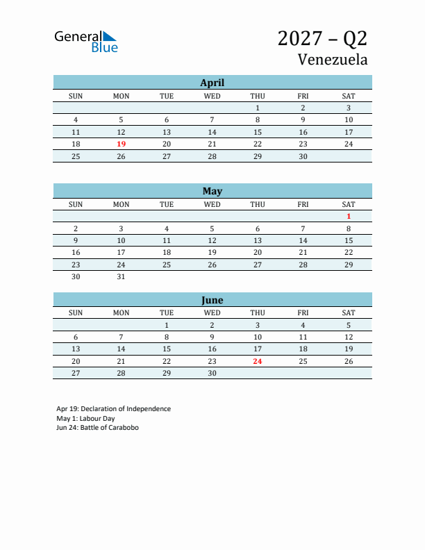 Three-Month Planner for Q2 2027 with Holidays - Venezuela