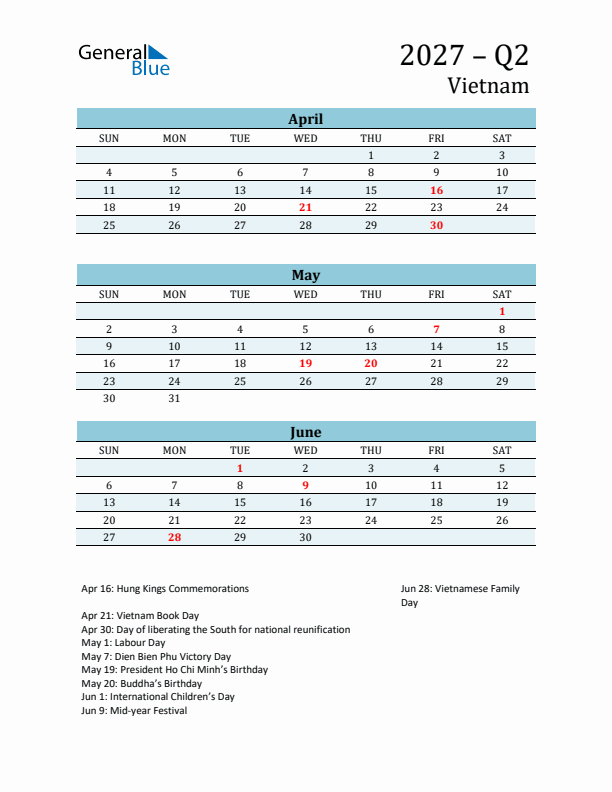 Three-Month Planner for Q2 2027 with Holidays - Vietnam