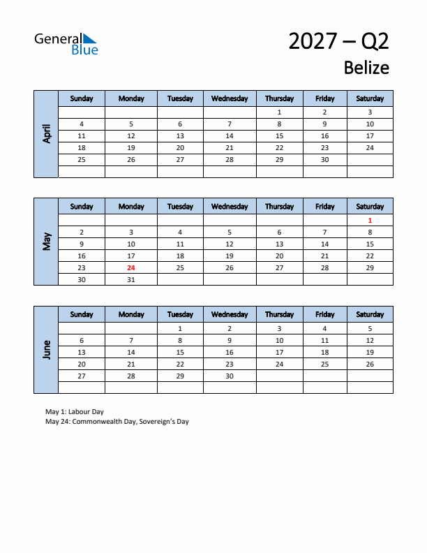 Free Q2 2027 Calendar for Belize - Sunday Start