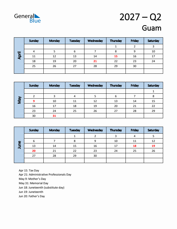 Free Q2 2027 Calendar for Guam - Sunday Start