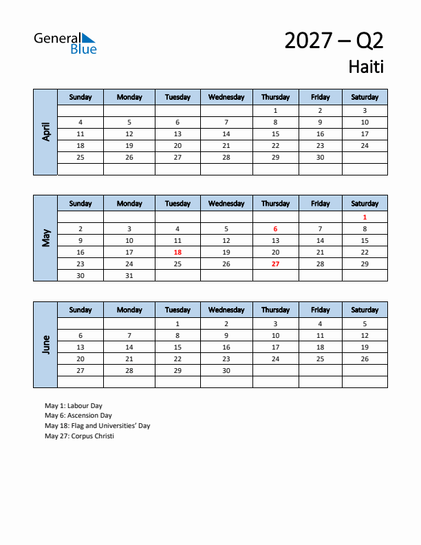 Free Q2 2027 Calendar for Haiti - Sunday Start