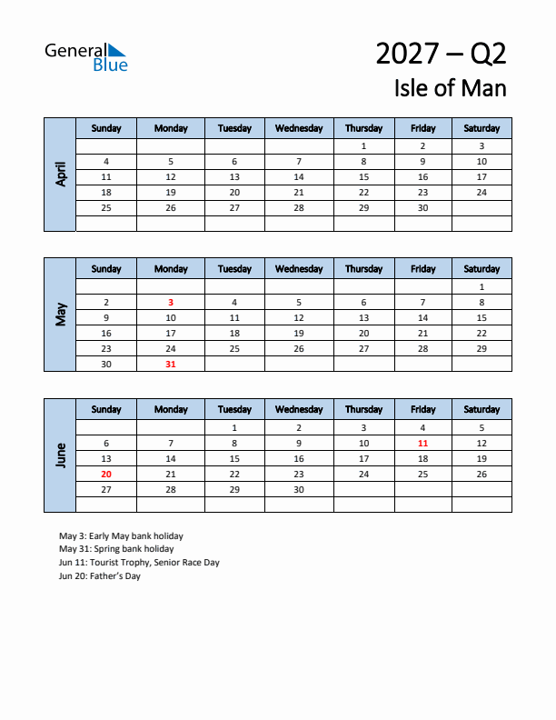 Free Q2 2027 Calendar for Isle of Man - Sunday Start