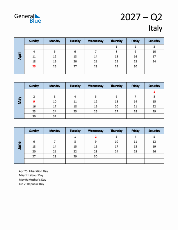 Free Q2 2027 Calendar for Italy - Sunday Start