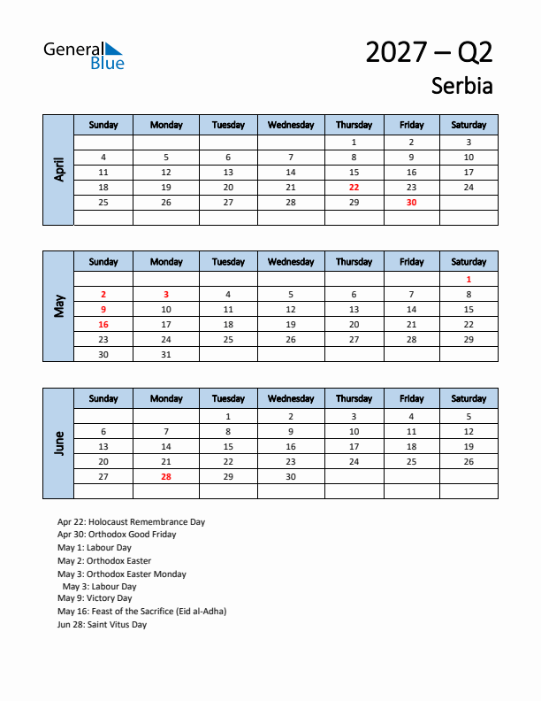 Free Q2 2027 Calendar for Serbia - Sunday Start