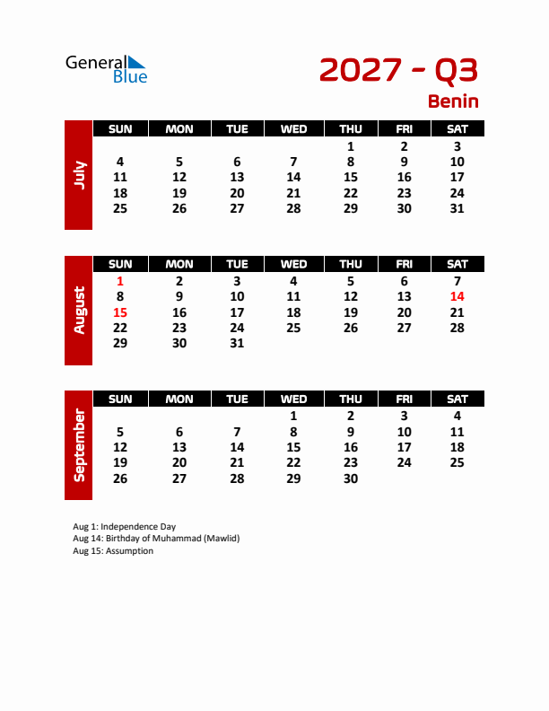 Q3 2027 Calendar with Holidays in Benin